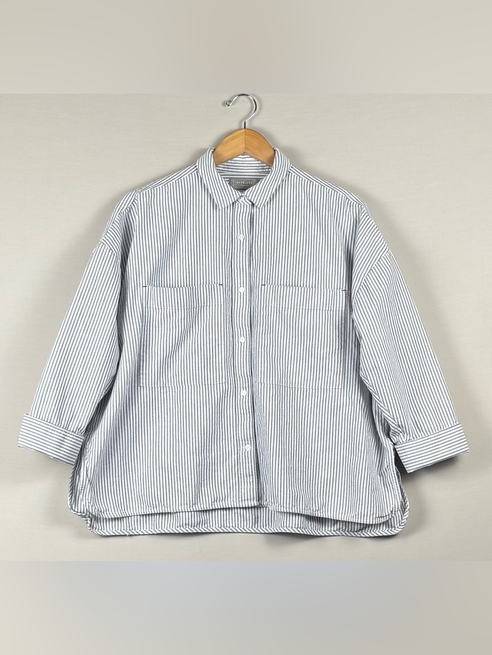 Everlane Women’s L Organic Cotton Gray White Stripe Oversized Button Shirt